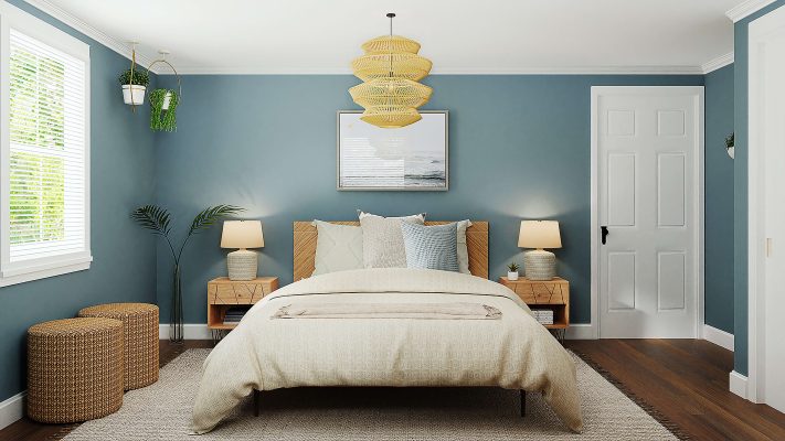 minimalist bedroom blue walls